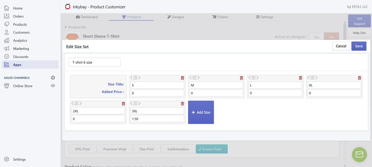 Managing Product Sizes - Product Customization Software for Print Shops