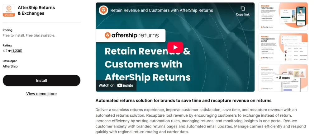 Screenshot of the AfterShip Returns & Exchanges app listing on the Shopify App Store, showing a 4.7-star rating.