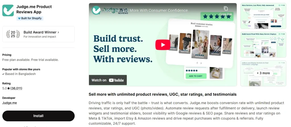 Screenshot of the Judge.me Product Reviews App listing on the Shopify App Store, showing a perfect 5.0-star rating with over 36,000 reviews