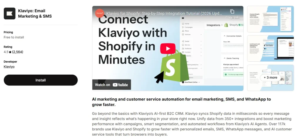 Klaviyo: Email Marketing & SMS Shopify app listing with 4.5 star rating from 2,564 reviews, free to install, featuring AI-powered email, SMS, and WhatsApp marketing automation.