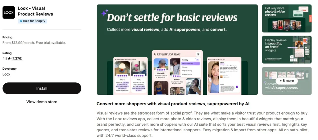 Screenshot of the Loox Visual Product Reviews app listing on the Shopify App Store, showing a 4.8-star rating.