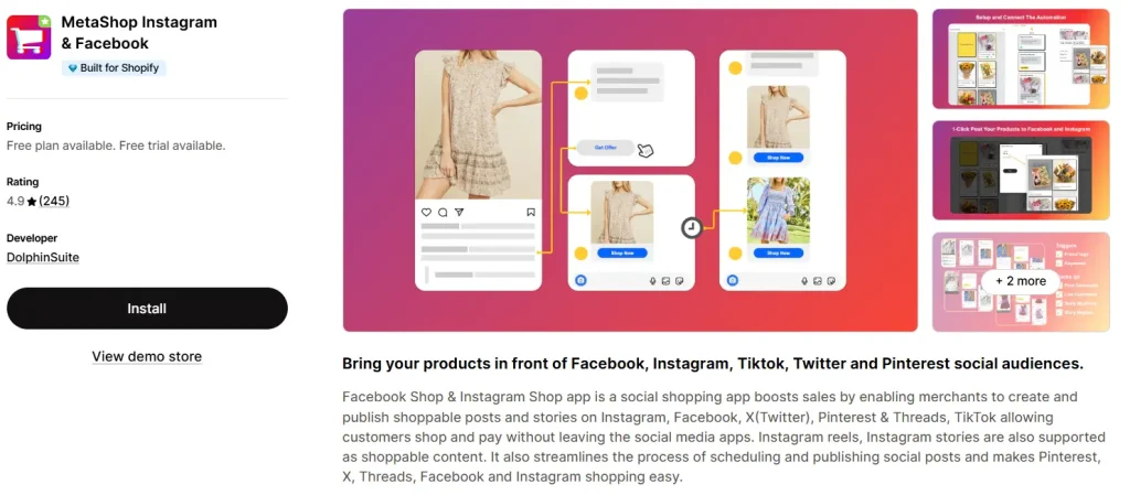 Screenshot of the MetaShop Instagram & Facebook app listing on the Shopify App Store, showing a 4.9-star rating.