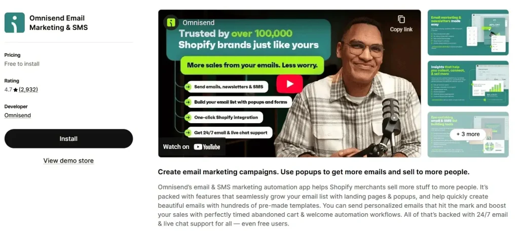 Omnisend Email Marketing & SMS Shopify app listing with 4.7 star rating from 2,932 reviews, free to install, trusted by over 100,000 Shopify brands.