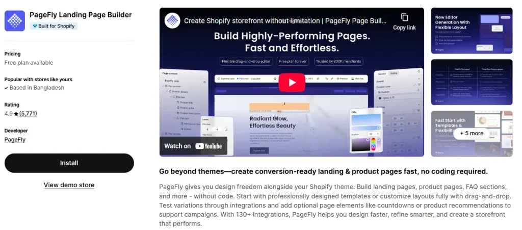 PageFly Landing Page Builder Shopify app listing with 4.9 star rating from 5,771 reviews.