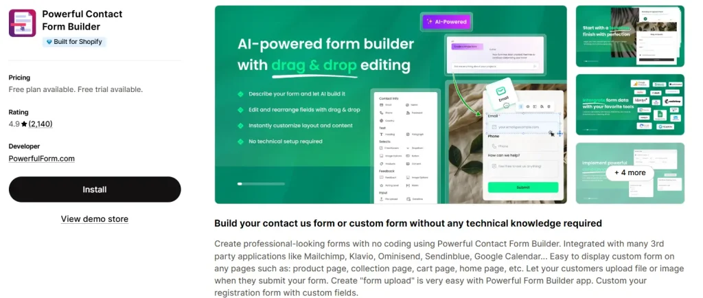 Screenshot of the Powerful Contact Form Builder app listing on the Shopify App Store, showing a 4.9-star rating.