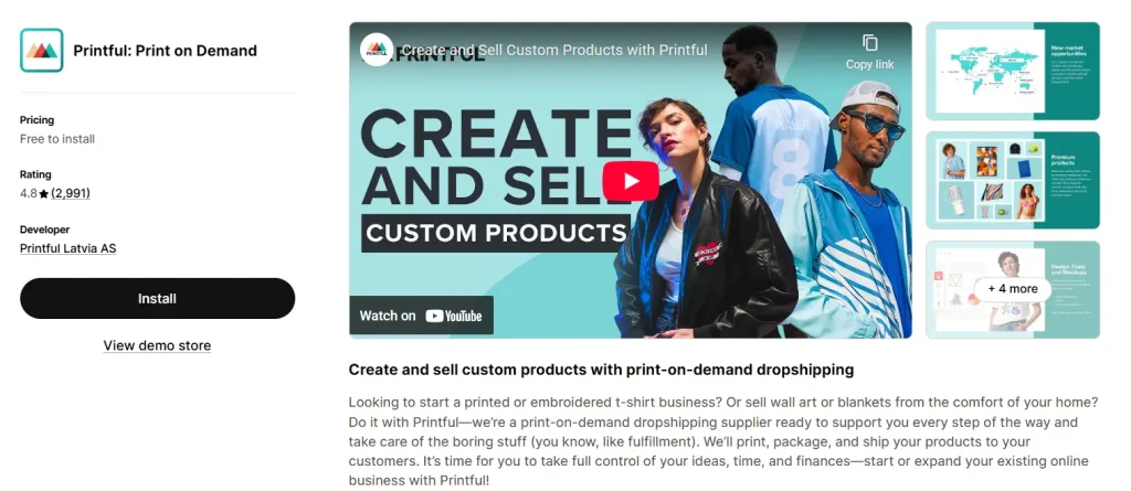 Printful Shopify app listing page showing “Printful: Print on Demand” with 4.8 rating, install button, and promotional banner reading “Create and Sell Custom Products” featuring models wearing custom apparel.