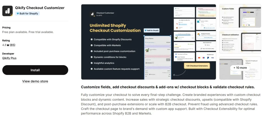 Screenshot of the Qikify Checkout Customizer app listing on the Shopify App Store, showing a 4.8-star rating.