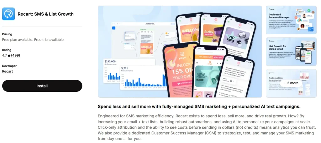 Screenshot of the Recart SMS & List Growth app listing on the Shopify App Store, showing a 4.7-star rating.