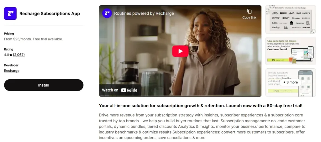 Recharge Subscriptions App Shopify listing with 4.8 star rating from 2,067 reviews, starting at $25/month with a 60-day free trial.