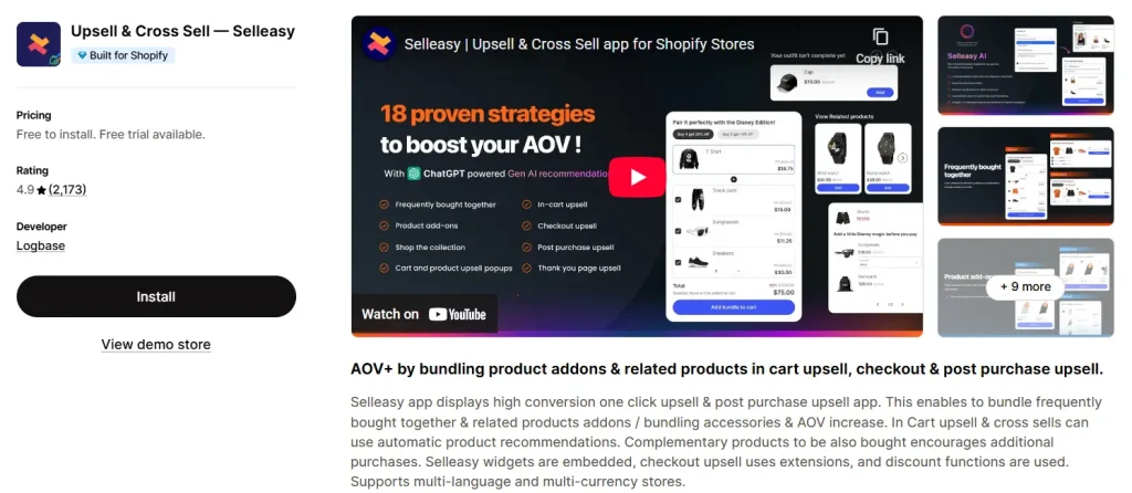Selleasy Upsell & Cross Sell Shopify app listing showing 4.9 star rating from 2,173 reviews.