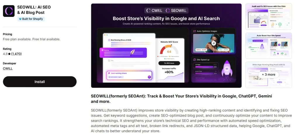 Screenshot of the SEOWILL AI SEO & AI Blog Post app listing on the Shopify App Store, showing a 4.8-star rating.
