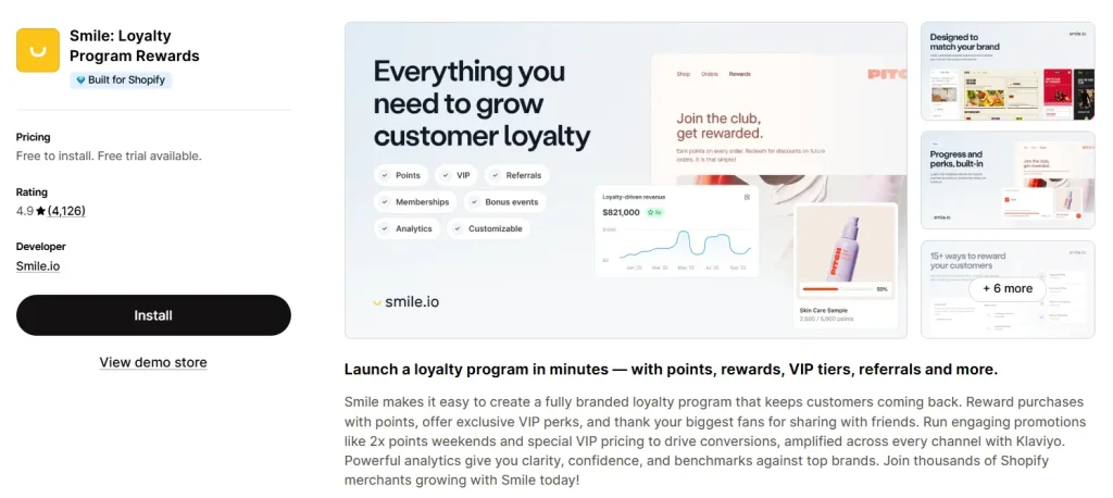Smile: Loyalty Program Rewards Shopify app listing page showing 4.9 rating, install button, and banner reading “Everything you need to grow customer loyalty” with features like points, VIP tiers, referrals, memberships, and analytics.