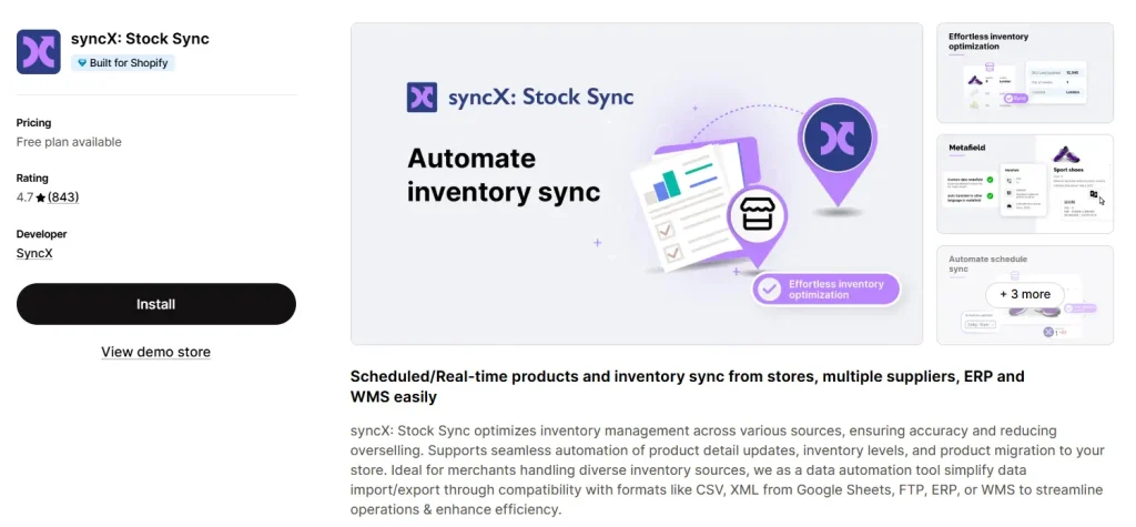 syncX: Stock Sync Shopify app listing with 4.7 star rating from 843 reviews, free plan available, developed by SyncX