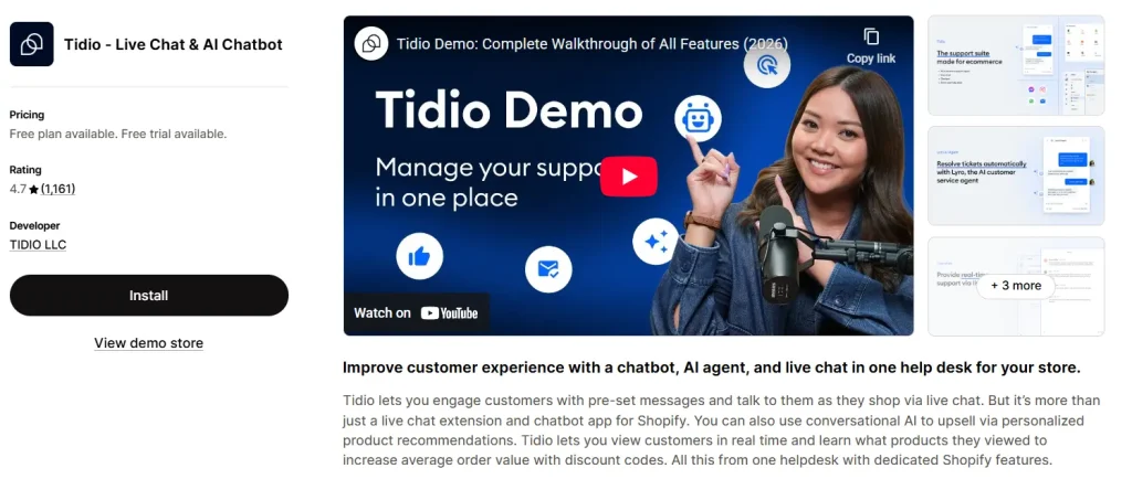 Screenshot of the Tidio – Live Chat & AI Chatbot Shopify app listing page showing pricing, 4.7-star rating, install button