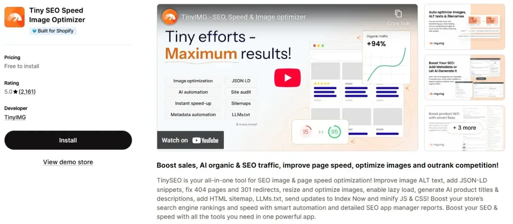 Screenshot of the Tiny SEO Speed Image Optimizer app listing on the Shopify App Store, showing a perfect 5.0-star rating with over 2,100 reviews