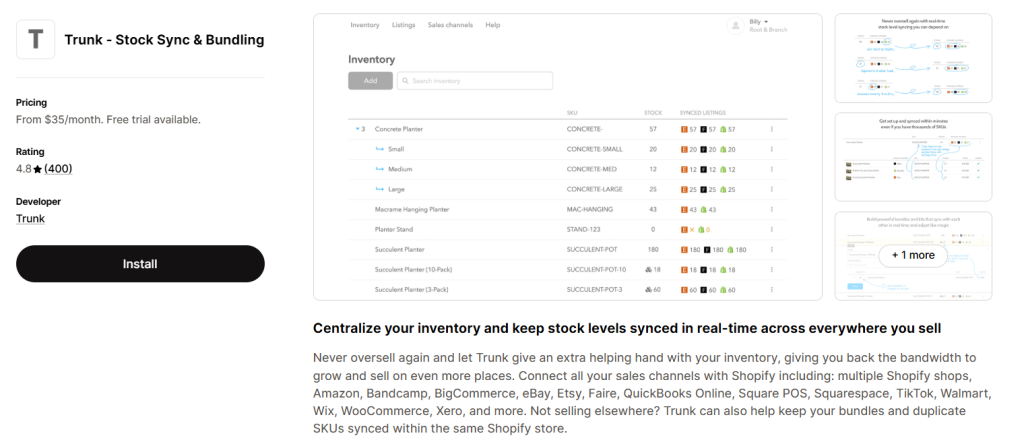 Trunk - Stock Sync & Bundling Shopify app listing with 4.8 star rating from 400 reviews, starting at $35/month with a free trial.