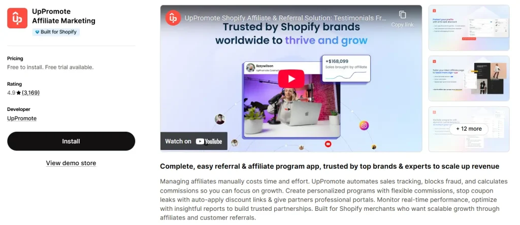 UpPromote Affiliate Marketing Shopify app listing with 4.9 star rating from 3,169 reviews, free to install.
