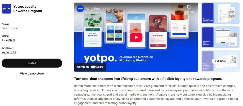 Screenshot of the Yotpo Loyalty Rewards Program app listing on the Shopify App Store, showing a 4.7-star rating