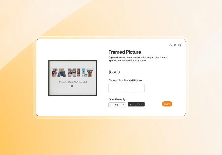 Product page displaying a framed family picture priced at $56, with customization options, quantity selector, and add to cart button on a beige background.