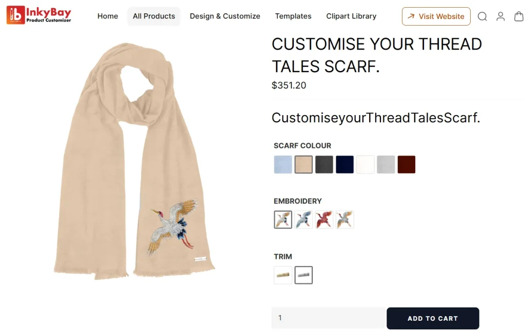 Product page for a customizable beige scarf from InkyBay, featuring embroidered bird designs. The interface shows options to choose scarf color, embroidery style, and trim, with a price of $351.20 and an ‘Add to Cart’ button.