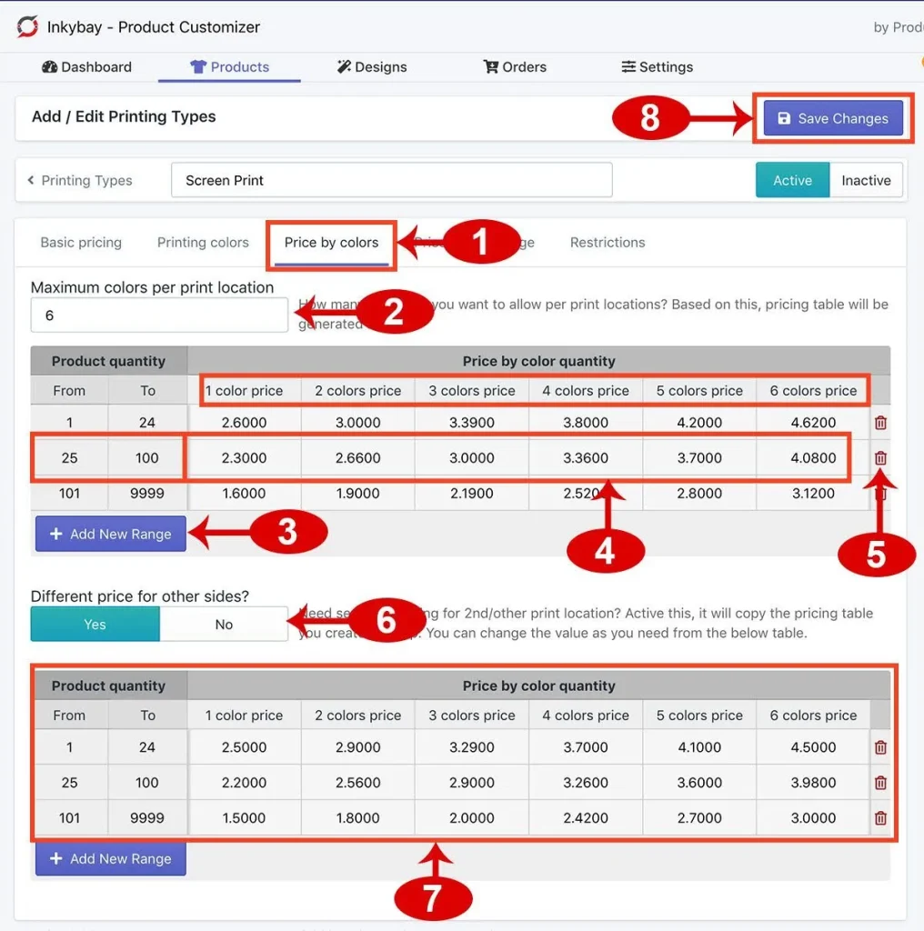 Screenshot of Inkybay Product Customizer showing how to set up the ‘Price by colors’ tab in the Add/Edit Printing Types section. The image highlights steps including selecting the tab, setting maximum colors per print location, adding new quantity ranges, entering prices by color quantity, deleting ranges, enabling different prices for other sides, editing secondary pricing tables, and saving changes.