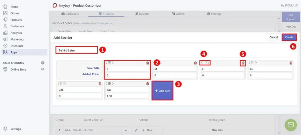 User interface of Inkybay Product Customizer showing how to add and price different T-shirt sizes. The interface allows entering a size set name, adding multiple size options like S, M, L, XL, 2XL, and 3XL, setting individual added prices, rearranging order, and finalizing the setup with the 'Create' button.