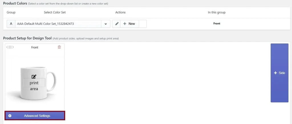 Product customization interface showing a mug with editable print area, color set selection, and advanced settings option in a Inkybay design tool