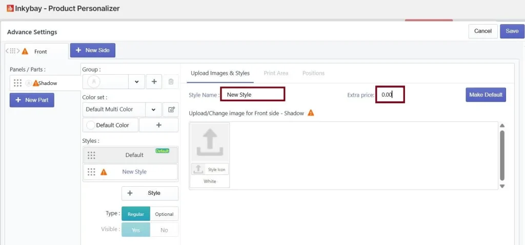 Inkybay Product Personalizer advanced settings interface showing a new product side setup with ‘New Style’ name, default color set, and extra price set to 0.00.