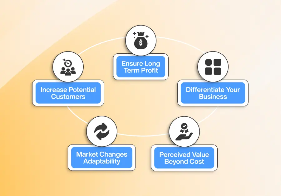 Circular infographic illustrating five benefits of having a custom pricing strategy: Ensure Long Term Profit, Differentiate Your Business, Perceived Value Beyond Cost, Market Changes Adaptability, and Increase Potential Customers.