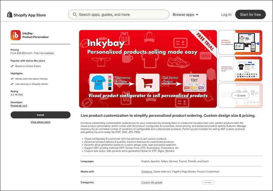 Shopify app page for InkyBay - Product Personalizer, which helps with product customization and ordering. It features a red background with various product icons like shirts, hats, and mugs. The app's description includes text promoting the ability to customize products, get vector outputs, and manage inventory.