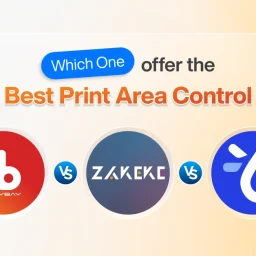 Comparison image showing three product customization apps — Inkybay, Zakeke, and Teeinblue — with the text “Which one offers the best print area control?” indicating a feature comparison among the tools.