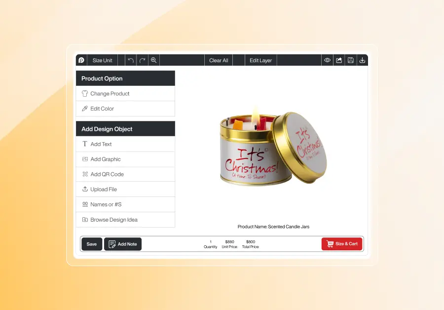 Inkybay online product customization interface displaying a “Scented Candle Jar” with the text “It’s Christmas! A Time to Share!” printed on the lid and container. The editor shows options to change product color, add text, graphics, QR codes, and other design elements.