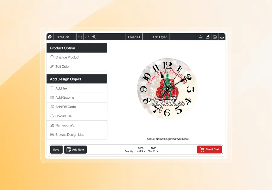 Online customization tool InkyBay interface showing a round engraved wall clock design with large black numbers and holiday graphics. The clock features a Christmas tree with presents on a red chair and the text 'Our First Christmas Together.' Editing options such as 'Add Text', 'Add Graphic', and 'Change Product' are listed on the left panel, and the product name 'Engraved Wall Clock' is shown at the bottom.