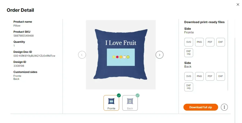 Order detail page showing a customized pillow design. The front side of the pillow displays a navy blue background with the text ‘I Love Fruit’ above a light blue rectangle featuring colorful fruit icons. The interface includes product details on the left and print-ready file download options on the right.