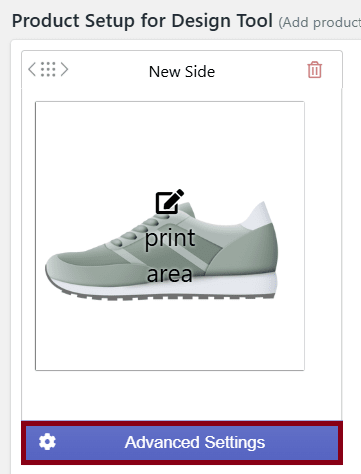 A close-up screenshot of the "Product Setup for Design Tool" interface of Inkybay. It shows an image of a sneaker with a print area defined on its side, labeled with the text "print area" and a pencil icon. Below the image, there is a large, prominent button labeled "Advanced Settings" with a gear icon, which is highlighted with a red box.