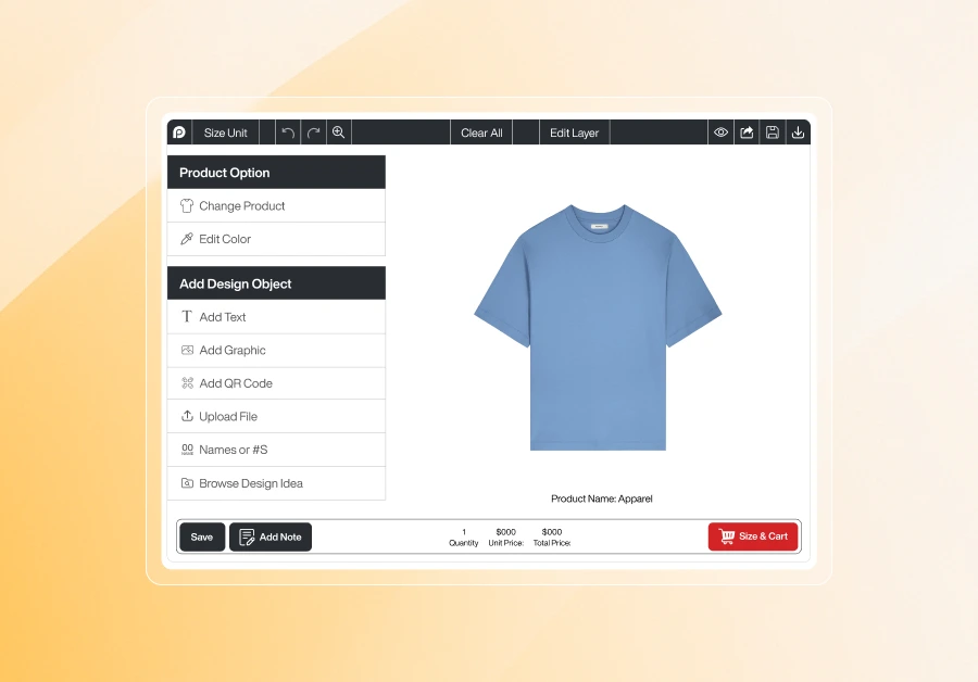 A screenshot of the Inkybay product personalizer interface featuring a light blue t-shirt. The customization dashboard shows a left-hand sidebar with options to "Add Text," "Add Graphic," and "Upload File," alongside a top toolbar for editing and a red "Size & Cart" checkout button at the bottom.