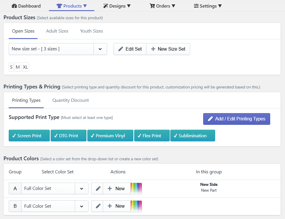 Inkybay Product Personalizer settings page showing options for Product Sizes, Printing Types and Pricing, and Product Colors. The screen includes size set selections, supported print types such as Screen Print, DTG Print, Premium Vinyl, Flex Print, and Sublimation, as well as color set groups with actions to edit or add new color sets.