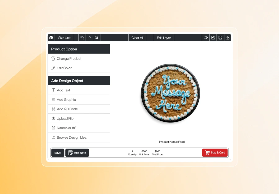 A screenshot of the Inkybay customization interface used for food products, showing a large round cookie cake with blue frosting accents. The text "Your Message Here" is written in blue icing on the cake. The interface includes a left sidebar with "Product Option" and "Add Design Object" menus, a top editing toolbar, and a bottom status bar with a red "Size & Cart" button.