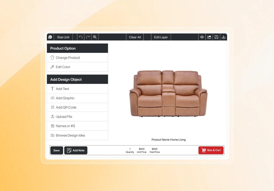 A screenshot of the Inkybay customization tool featuring a brown leather two-seater recliner sofa. The interface layout is consistent with other versions, providing a left-hand "Product Option" menu to change products or edit colors and an "Add Design Object" menu for custom uploads or text. A red "Size & Cart" button is located in the bottom right corner.