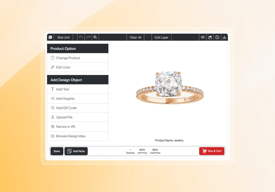 The Inkybay design interface featuring a rose gold engagement ring with a large cushion-cut diamond. The 'Product Name: Jewelry' label is visible below the ring, with the standard suite of customization tools available on the left and top.