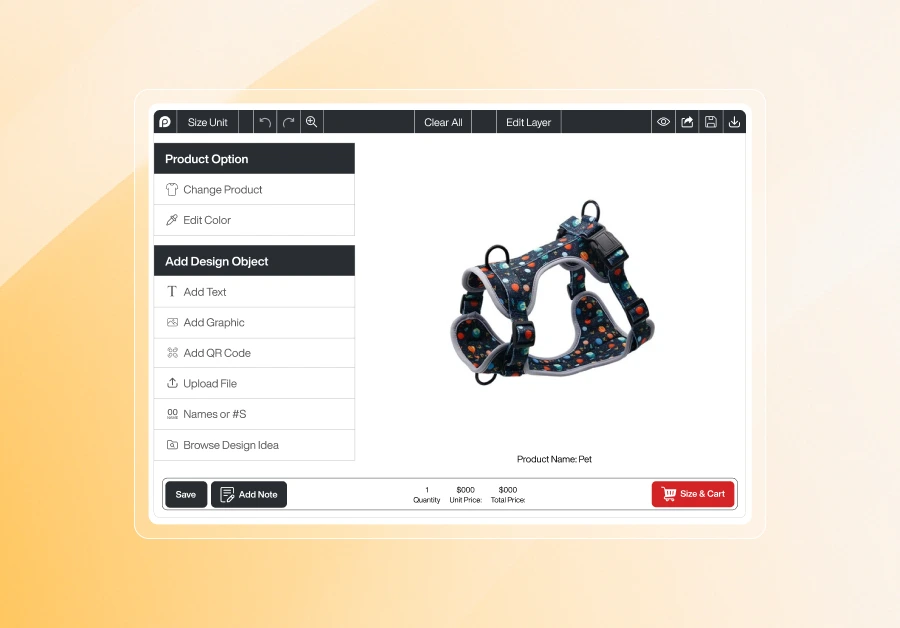 Inkybay dashboard featuring a dark blue pet harness with a colorful planet and star pattern. The interface is labeled 'Product Name: Pet' and includes standard sidebars for adding custom design objects.