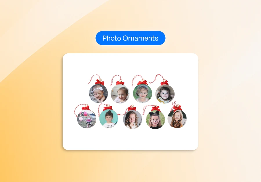 a set of round photo ornaments arranged in two rows, each featuring a child’s photo printed on a circular ornament with a red bow and a red-and-white hanging string. The ornaments are displayed on a white rectangular background, and above them is a blue label that reads “Photo Ornaments.” The overall design has a soft, festive feel with a warm gradient backdrop.