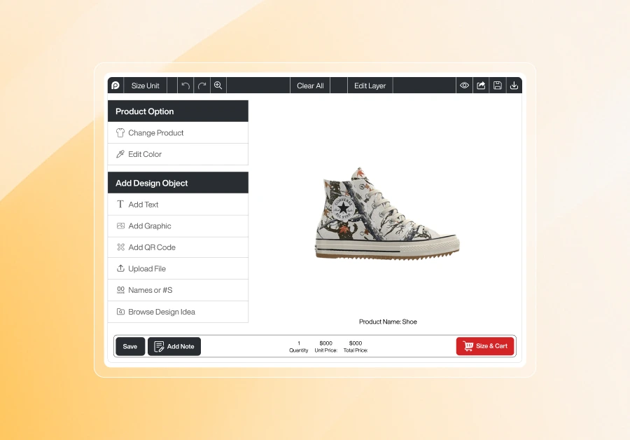 A screenshot of the Inkybay interface featuring a white high-top sneaker with a black and orange floral or leaf pattern. The customization dashboard includes a central workspace for the shoe, a sidebar for adding design elements, and a bottom status bar showing quantity and total price.