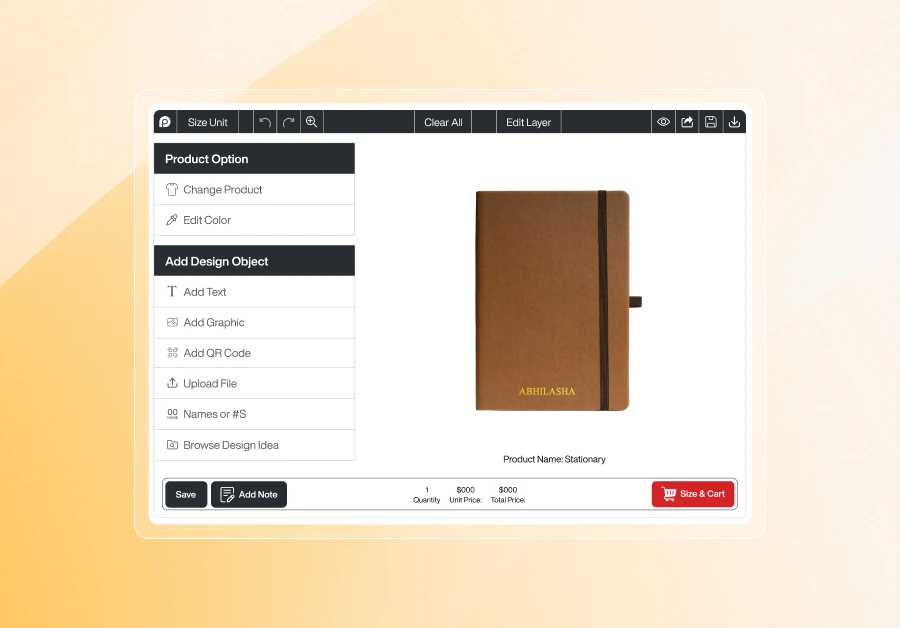 A screenshot of the Inkybay design tool for stationery, featuring a customizable product on a white background. The interface includes the signature left-hand sidebar for adding text and graphics, a top toolbar for layout adjustments, and a bottom navigation bar with a red "Size & Cart" button.