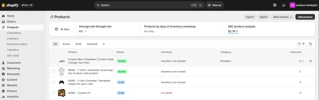 Shopify products dashboard showing inventory status, categories, and sales channels