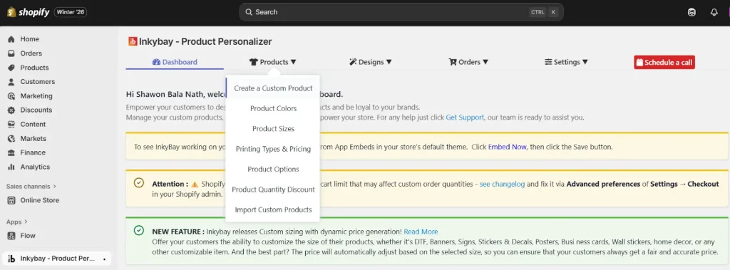 Shopify admin dashboard with Inkybay – Product Personalizer open, showing the “Products” dropdown menu expanded with options like Create a Custom Product, Product Colors, Product Sizes, and Printing Types & Pricing