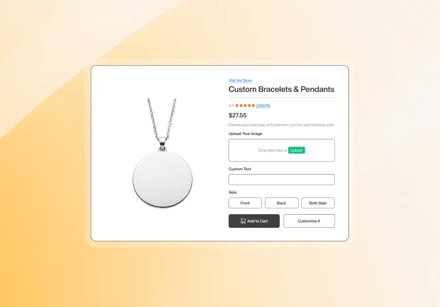 Customizable round silver pendant necklace with image upload and text engraving options