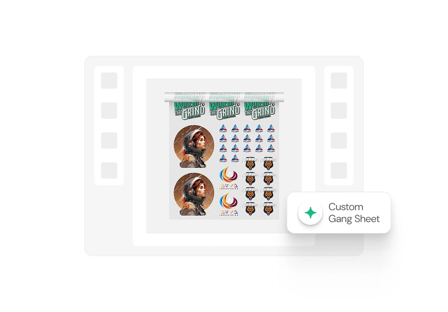 Mockup of a custom gang sheet displayed in a product design interface, featuring multiple printed graphics including logos, illustrated character portraits, and various design