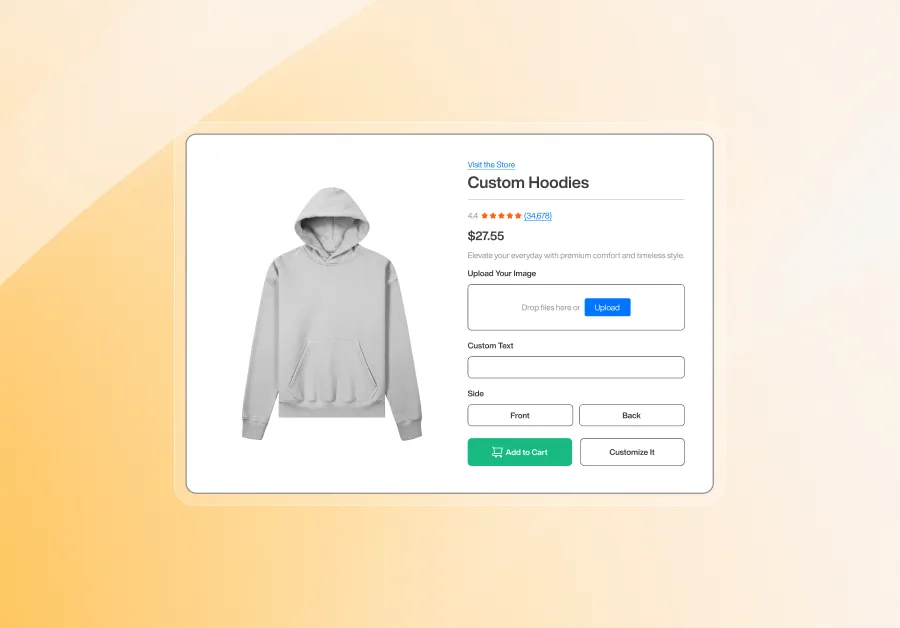 Custom hoodie product page showing price, rating, image upload option, custom text field, front and back design selection, and Add to Cart button on a soft gradient background