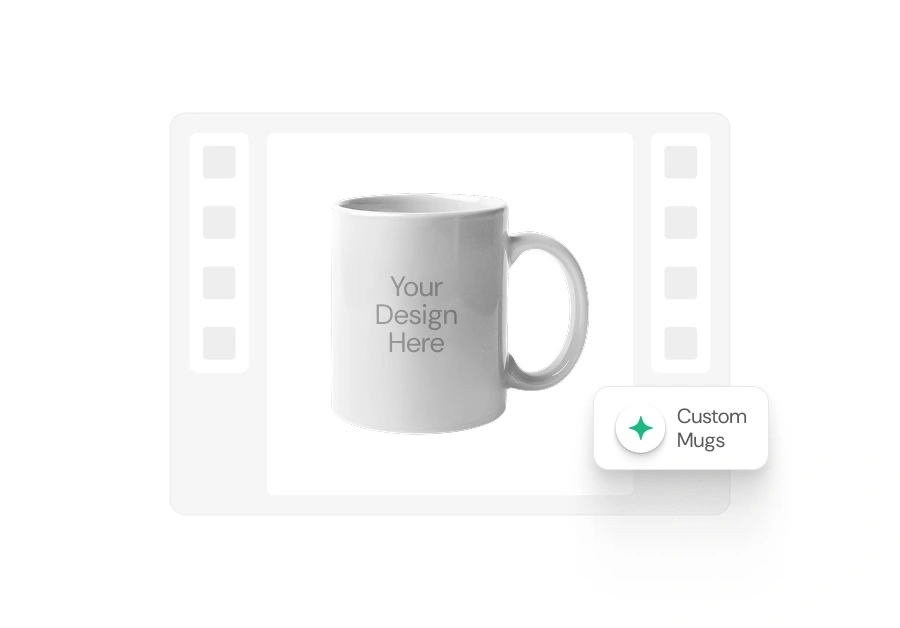 Mockup of a customizable white ceramic mug displayed in a product design interface, featuring the text “Your Design Here”